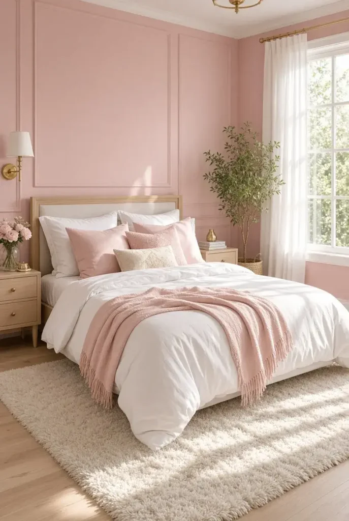 Pink bedroom decor with white bedding, blush pillows, soft pink accents, and light wood furniture.