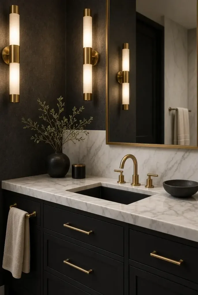 Black bathroom vanity with gold hardware and white marble countertop