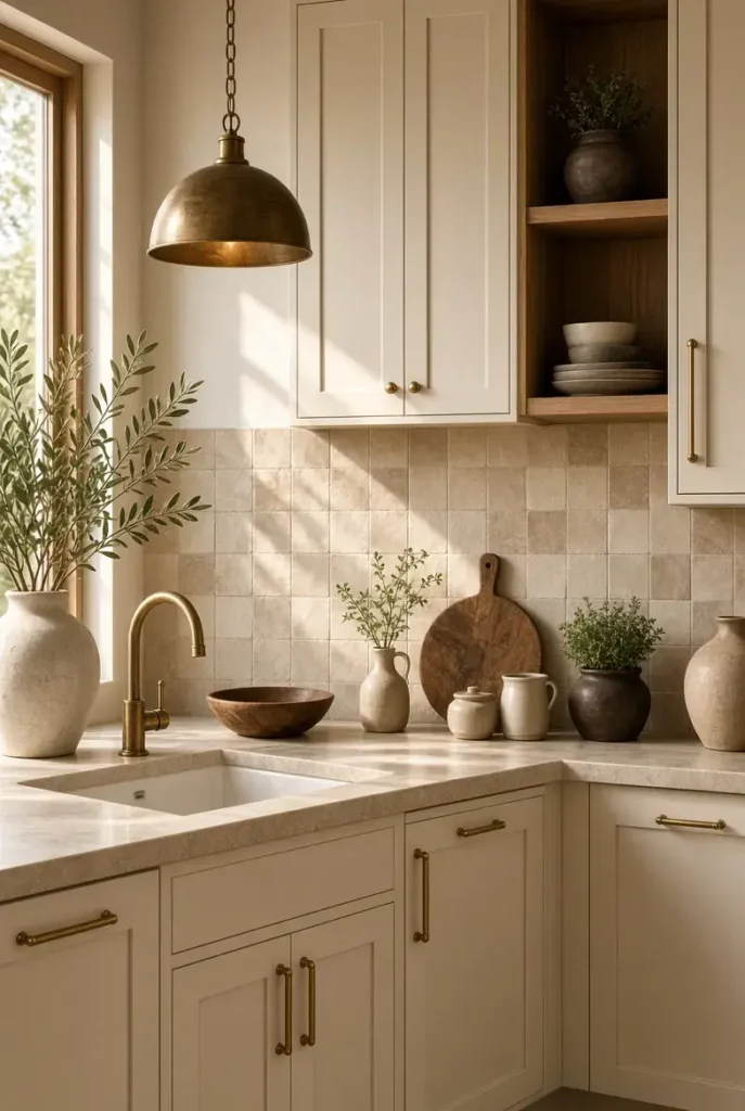Warm beige zellige tile backsplash with cream cabinets and natural wood kitchen accents