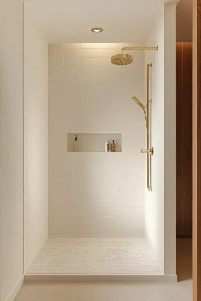 Small shower with light bright tiles and warm brass fixtures