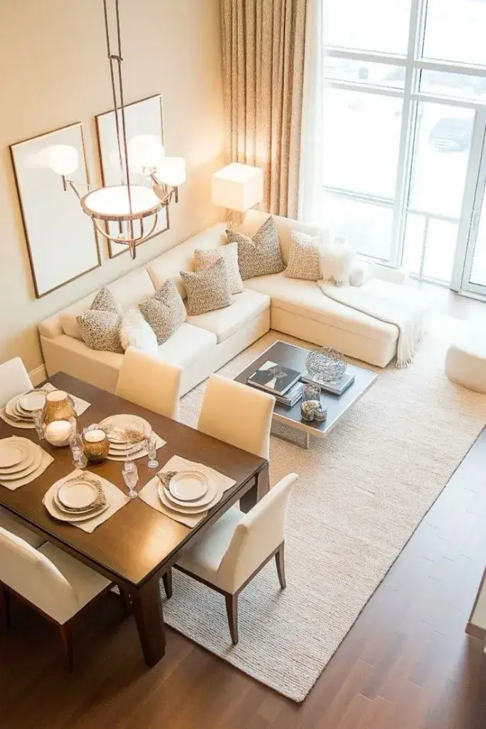 Sofa used as a divider in a living room and dining room combo