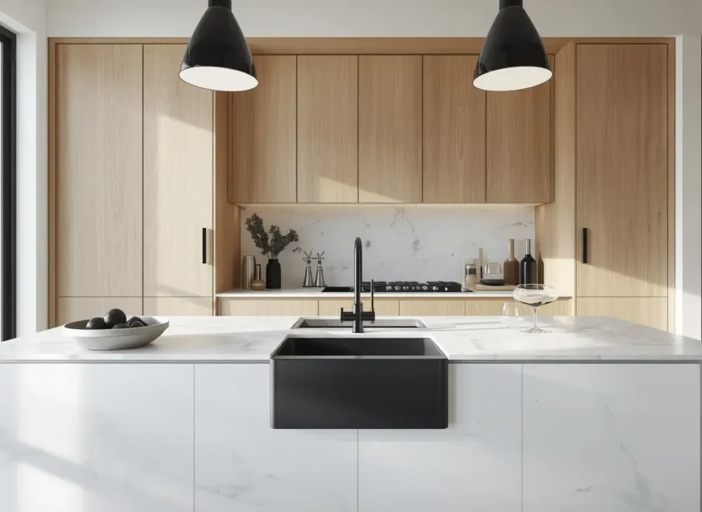 Matte black kitchen sink contrasting with a white modern island countertop