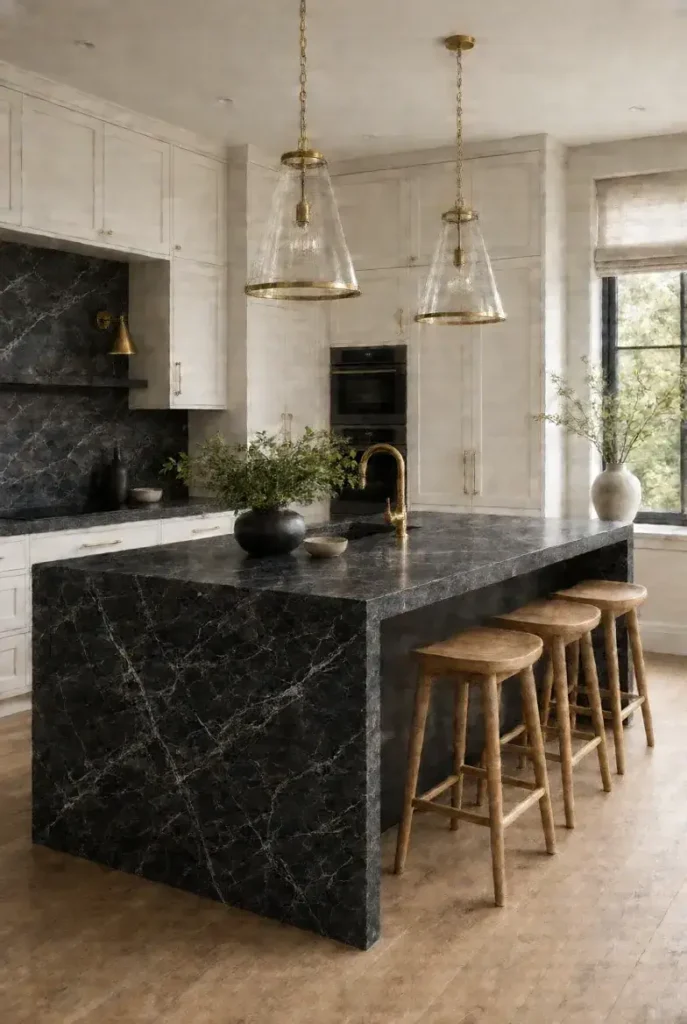 Dramatic black stone waterfall island surrounded by white kitchen cabinets.