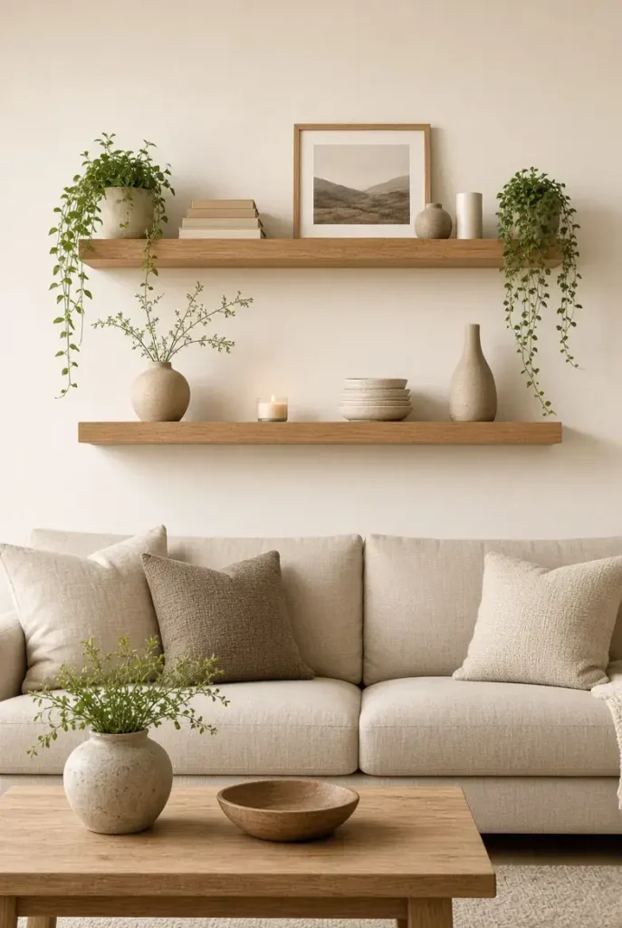 Natural wood floating shelves decorated with books, plants and ceramics in a living room.