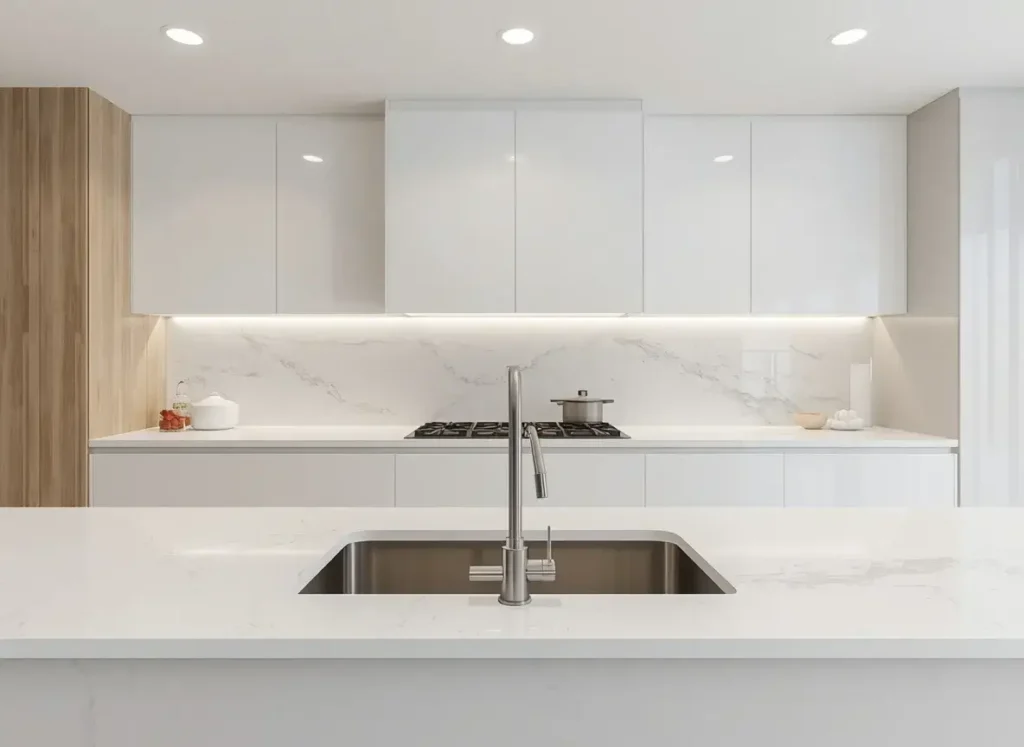 Undermount stainless steel sink beneath a white quartz kitchen island