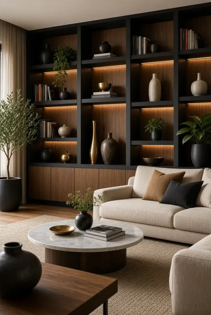 Modern black built in shelves with warm wood accents and cream furniture