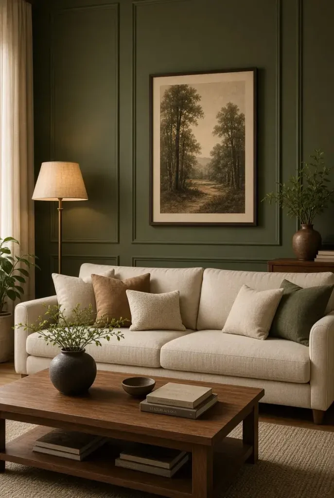 Olive green accent wall behind a cream sofa in a stylish living room