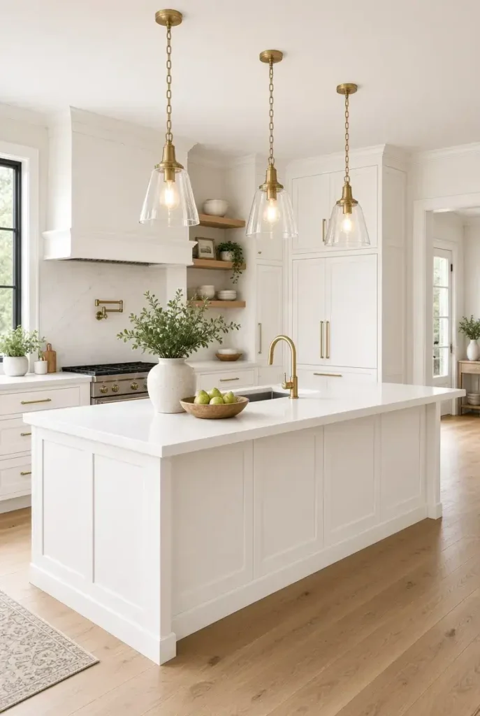 Three matching glass pendant lights over a kitchen island