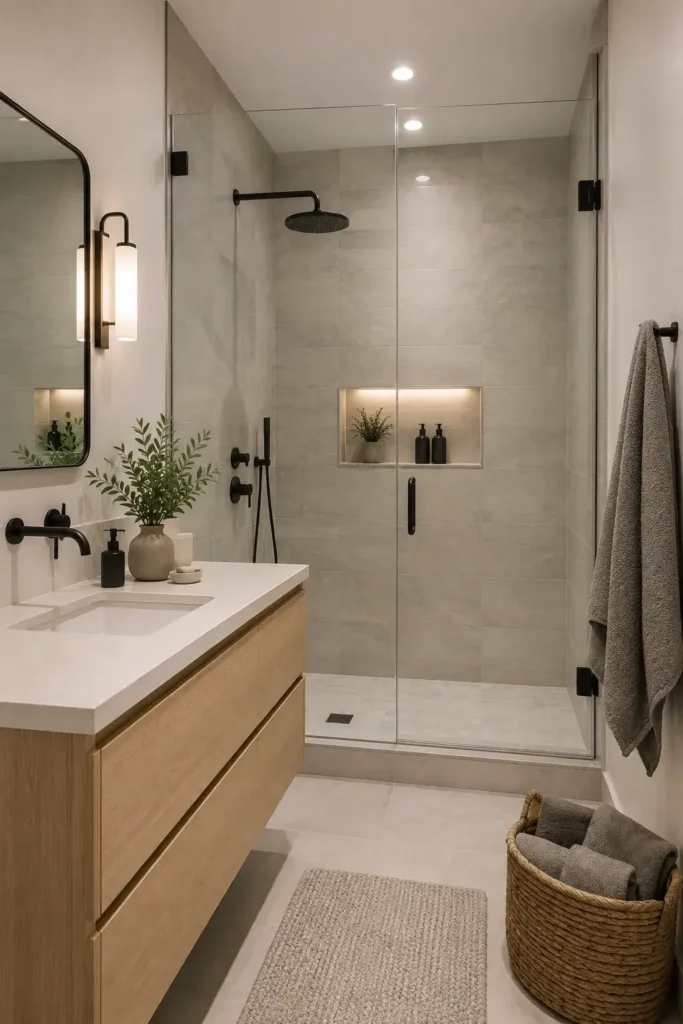 Small modern gray and white bathroom with walk-in shower