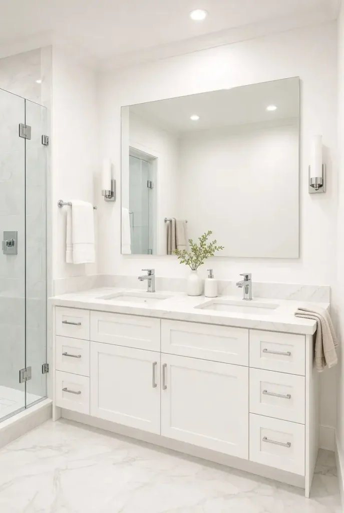 Modern white double sink bathroom with marble countertop
