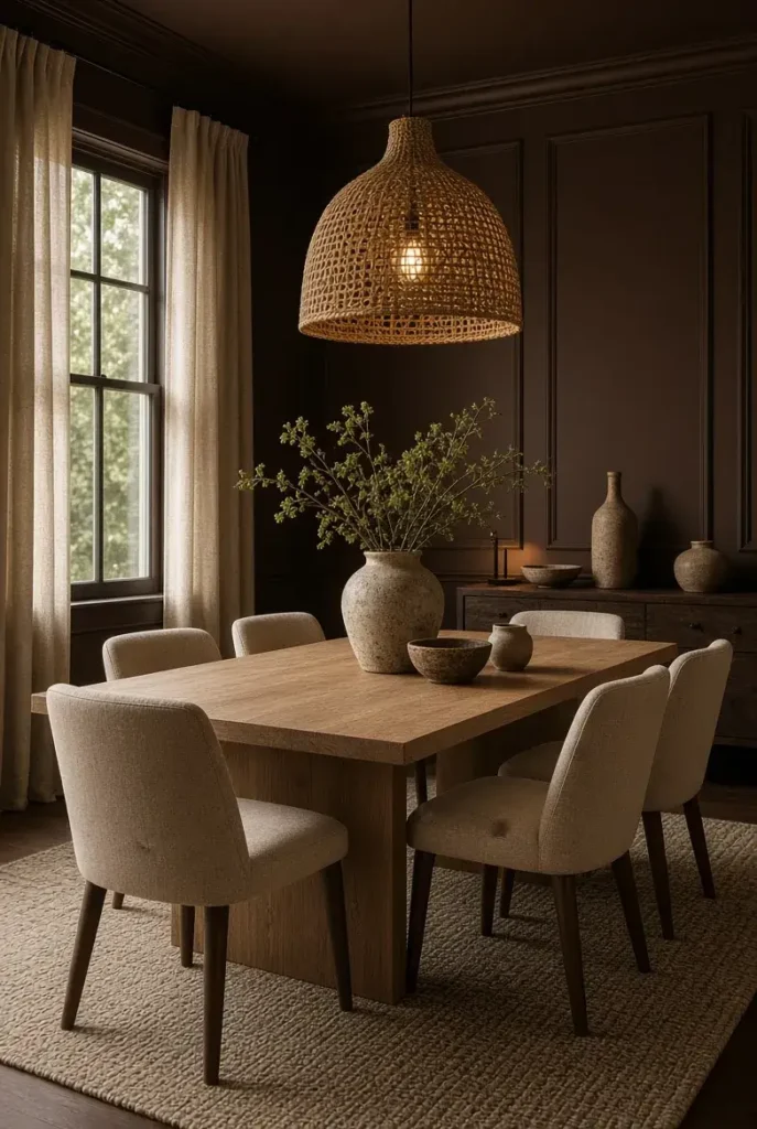 Warm chocolate brown dining room with pale oak table and beige upholstered chairs.