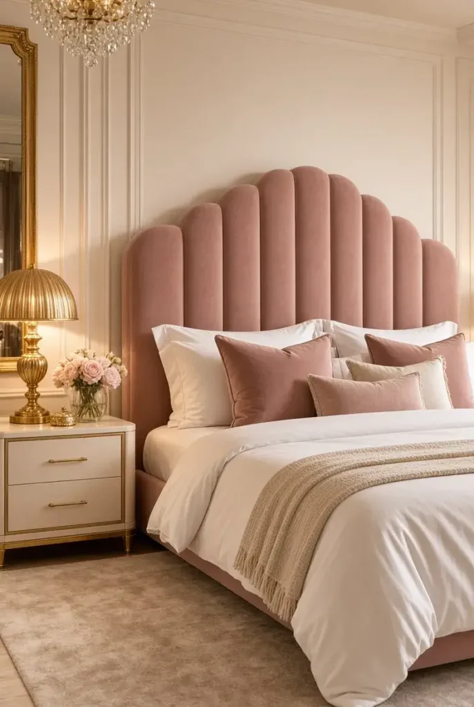 Luxury bedroom with a blush pink velvet headboard, white bedding, and elegant gold accents.