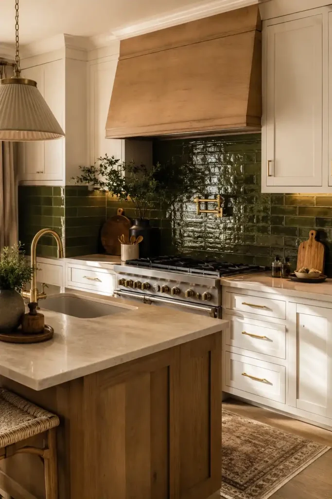 Deep olive green tile backsplash in a warm modern kitchen with brass fixtures