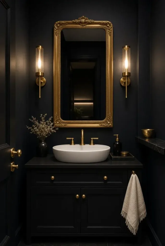 Large gold framed mirror above a black bathroom vanity