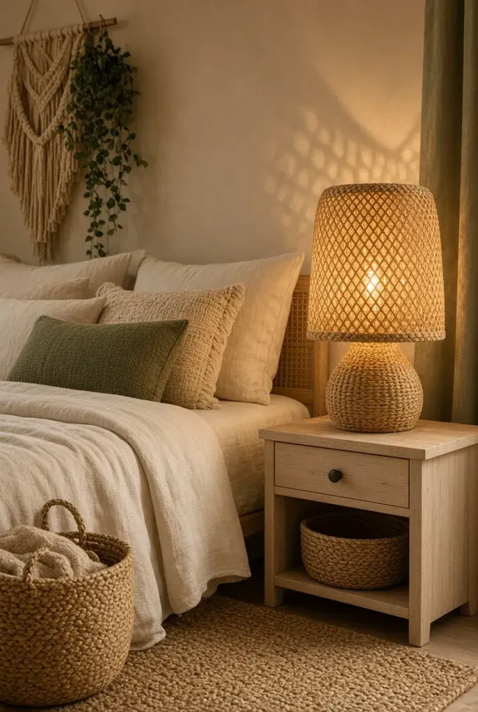 Rattan bedroom lamp adding natural texture and warmth to a cozy bedroom