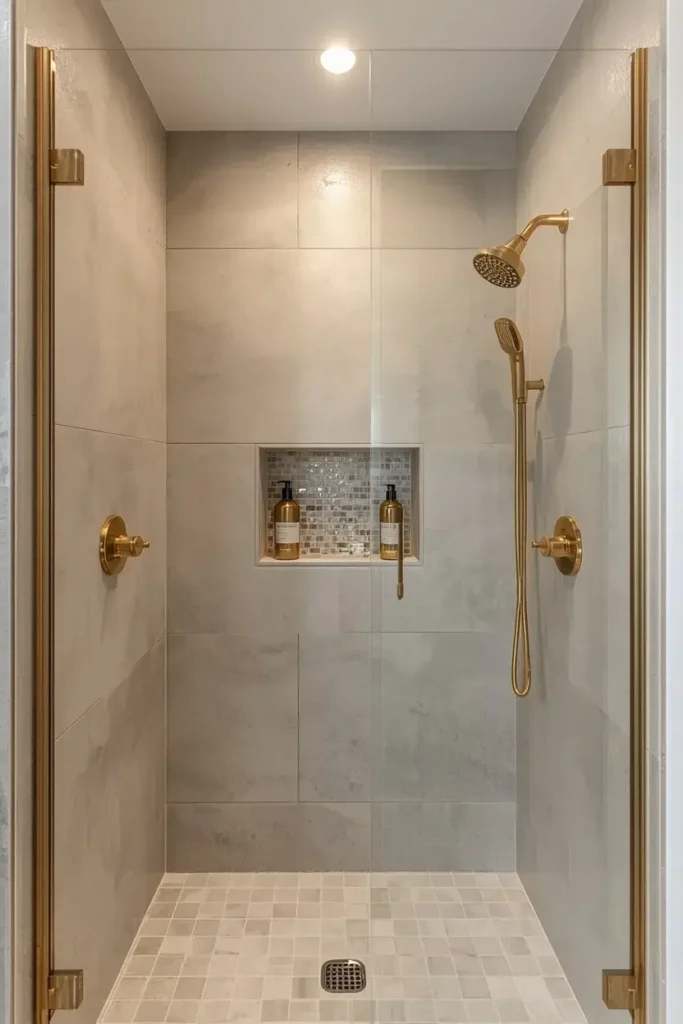 Small shower with light bright tiles and warm brass fixtures