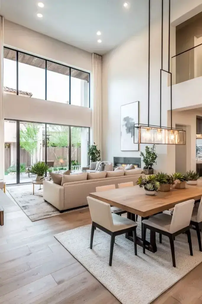 Open living room dining room combo layout with light neutral furniture