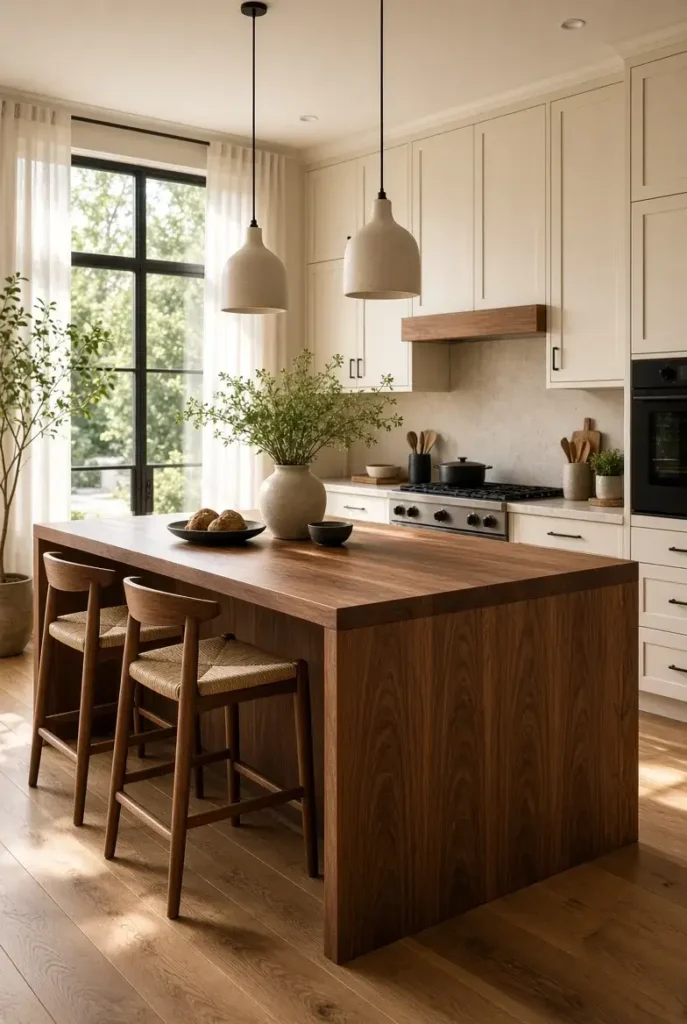 Warm walnut waterfall island kitchen with creamy cabinets and natural wood textures.