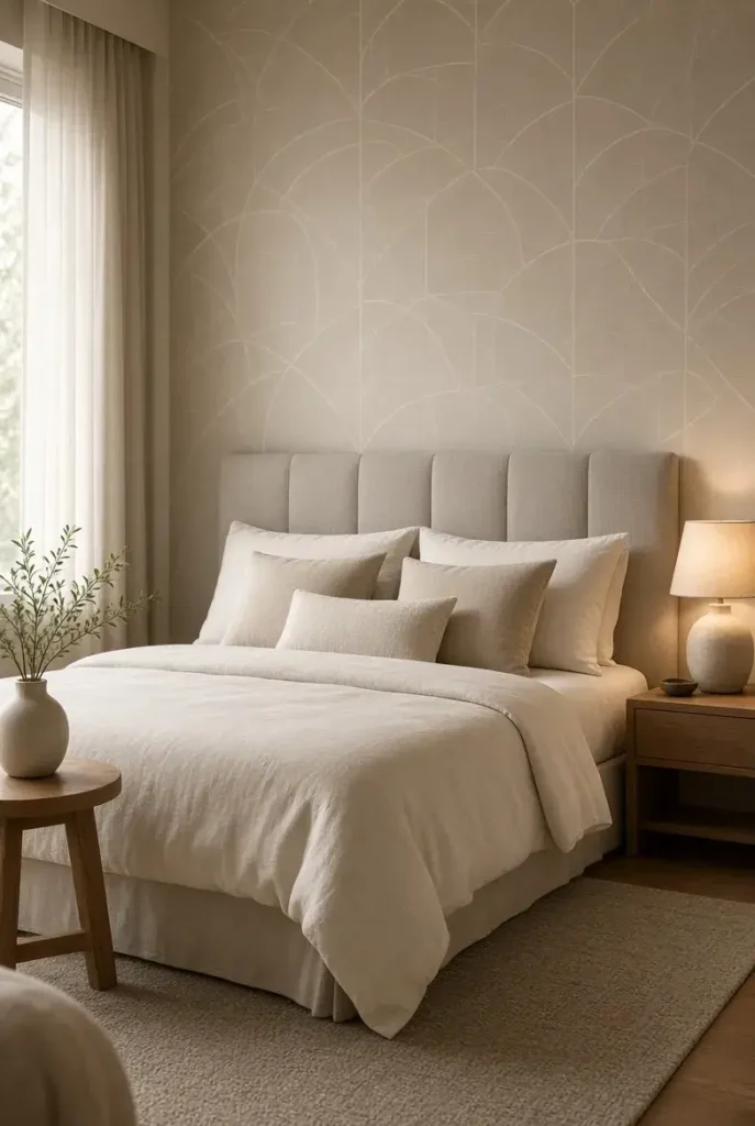 Neutral geometric wallpaper bedroom with a modern cozy design