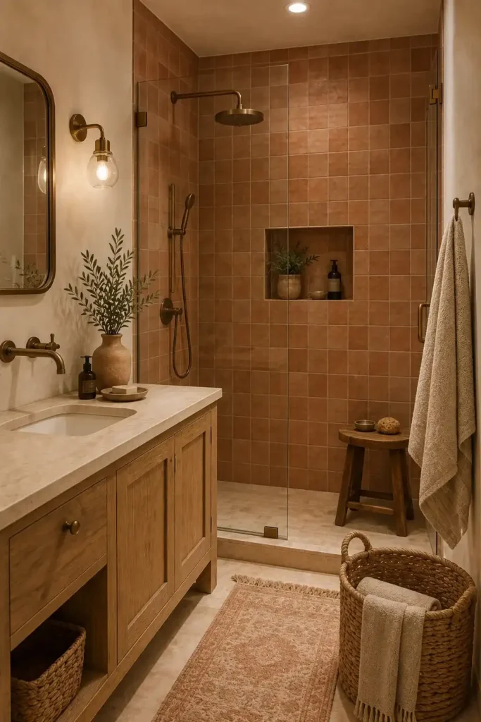 Small terracotta and cream bathroom with earthy walk-in shower