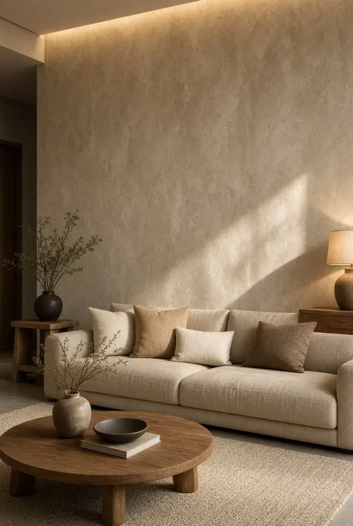 Textured taupe accent wall behind a beige sofa in a modern living room.