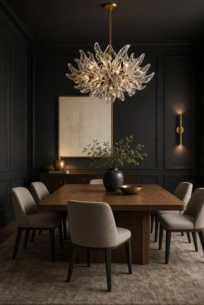Elegant black dining room with oak table, neutral chairs, and sculptural chandelier.