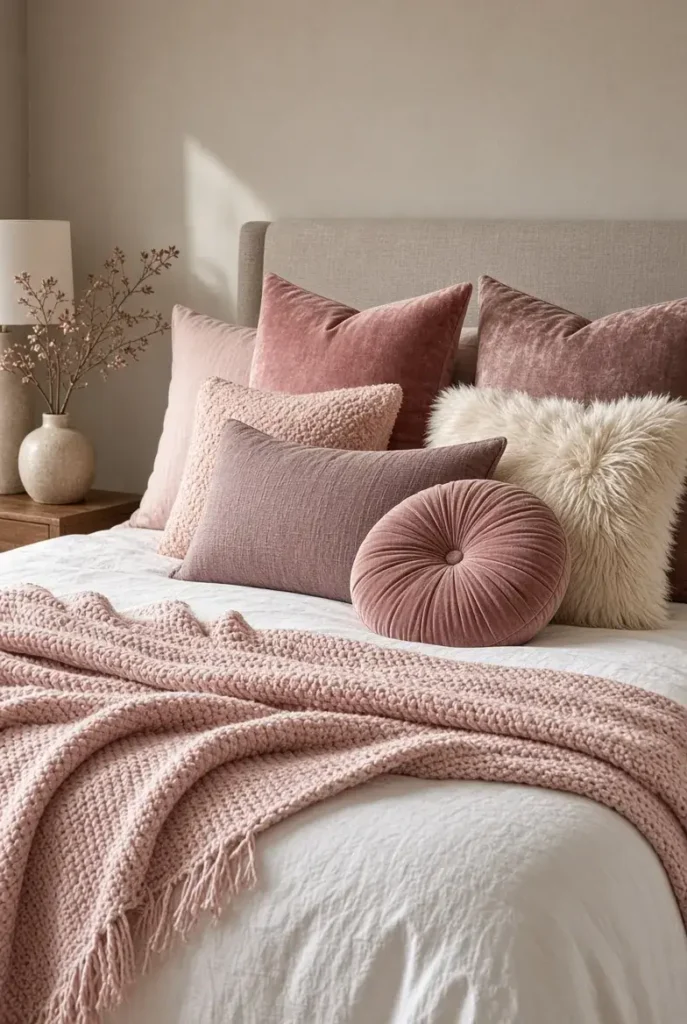 Layered pink throw pillows in blush, dusty rose, and mauve on a cozy white bed.