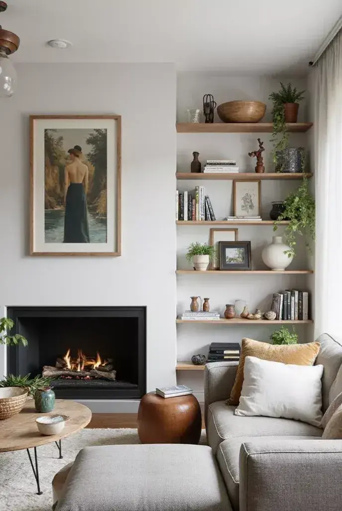 Cozy built in shelves surrounding a fireplace in a warm neutral living room
