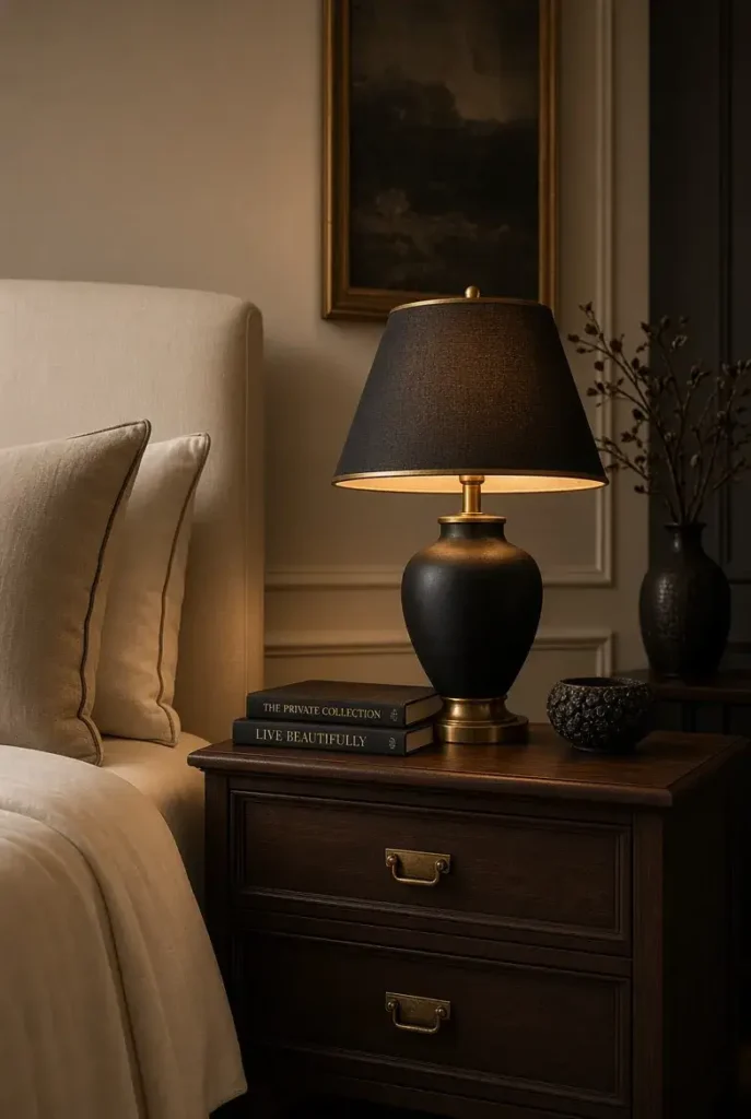 Black and brass bedroom lamp in a sophisticated neutral bedroom