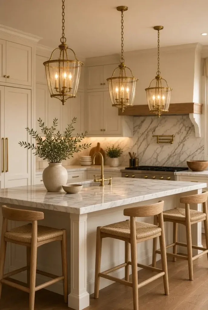 Warm brass pendant lighting above a marble kitchen island