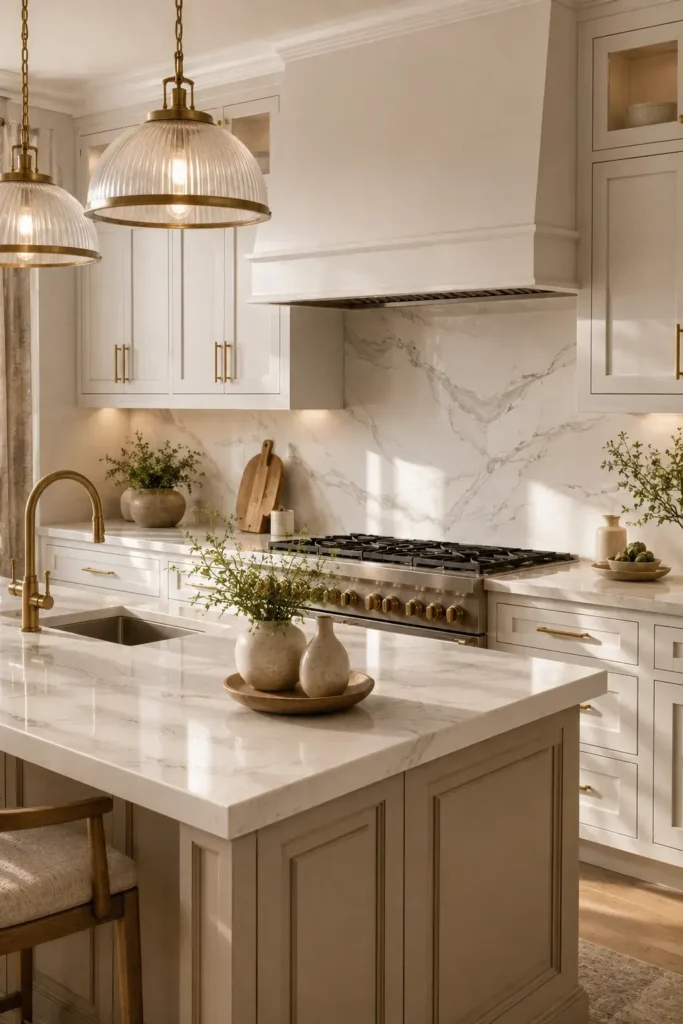 White marble-look kitchen backsplash with soft gray veining and brass hardware