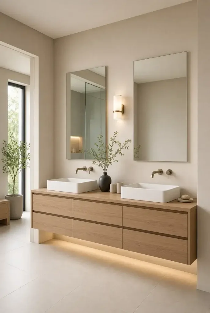 Floating double vanity with under-cabinet lighting in a modern bathroom