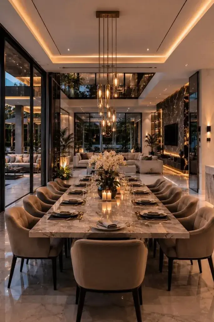Dining area defined by a statement pendant light in an open-plan room
