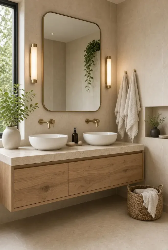 Natural wood vanity in a warm organic primary bathroom