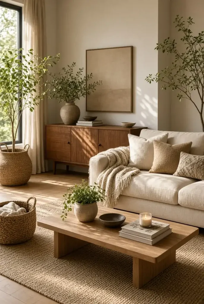Cozy living room with natural wood furniture, neutral sofa, plants, and woven decor
