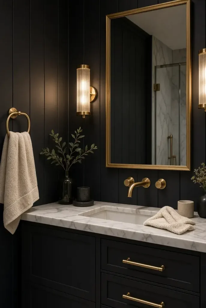 Black and gold patterned bathroom tiles creating a luxurious feature wall