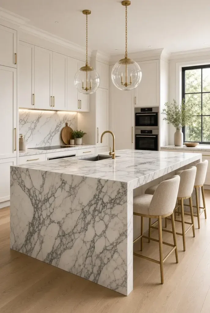 White marble waterfall island with elegant gray veining in a luxury kitchen.