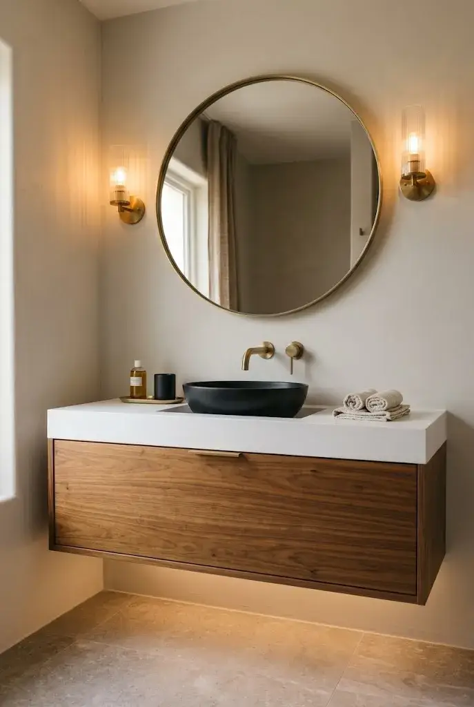 Matte black bathroom sink with brass faucet and warm neutral bathroom decor.
