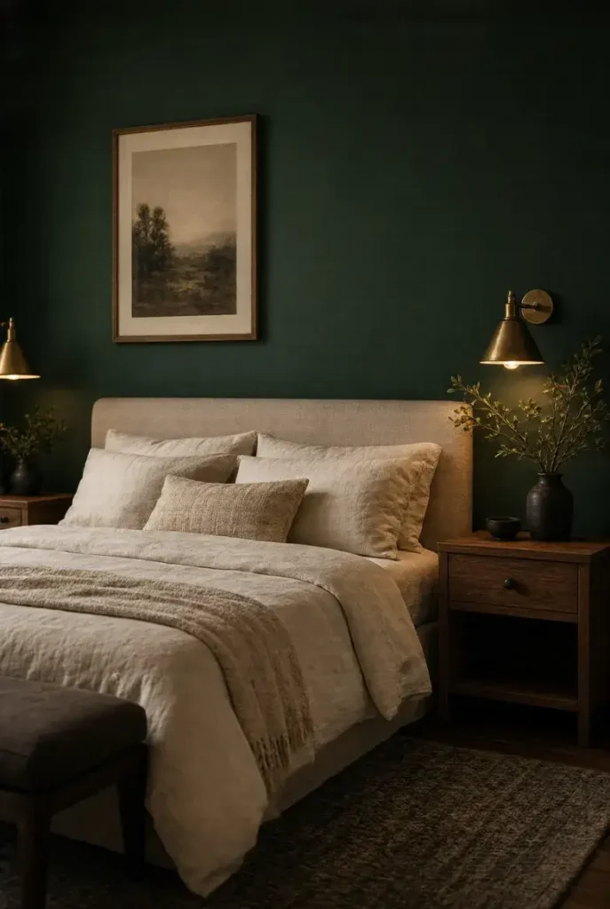 Moody bedroom with a dark green accent wall and warm lighting