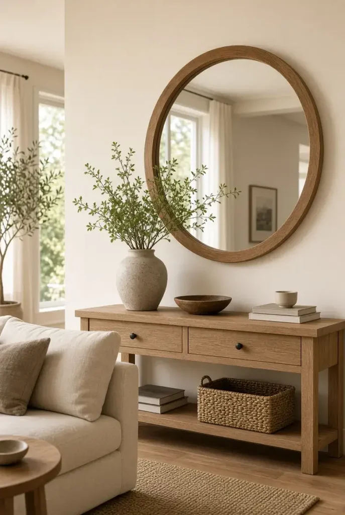 Round wooden mirror above a console table in a bright cozy living room.