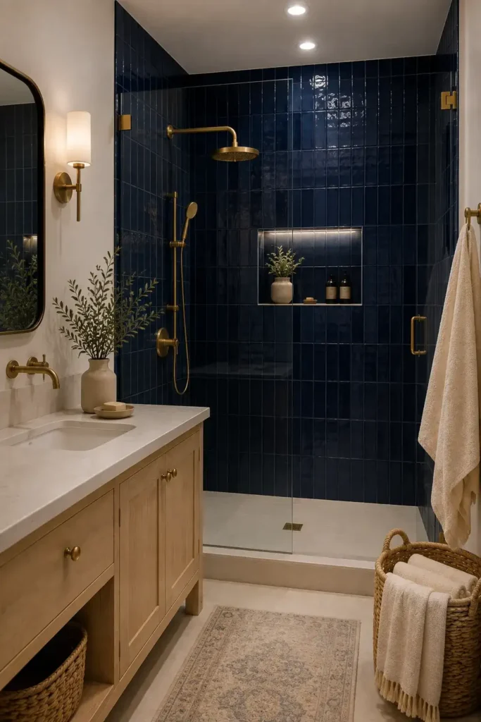 Small bathroom with deep blue walk-in shower and brass fixtures