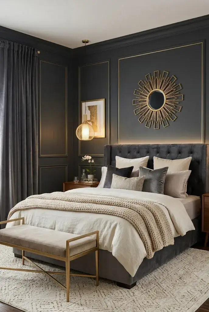 Cozy dark gray bedroom with a plush velvet headboard, cream bedding, textured rug, and warm lighting.