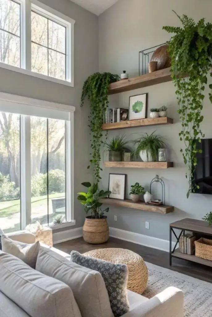 Natural wood built in shelving with plants and woven decor in an organic living room