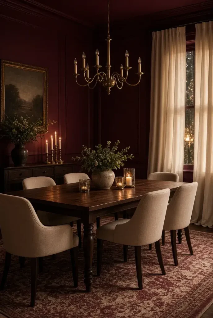 Romantic burgundy dining room with dark wood table, cream chairs, and brass chandelier.