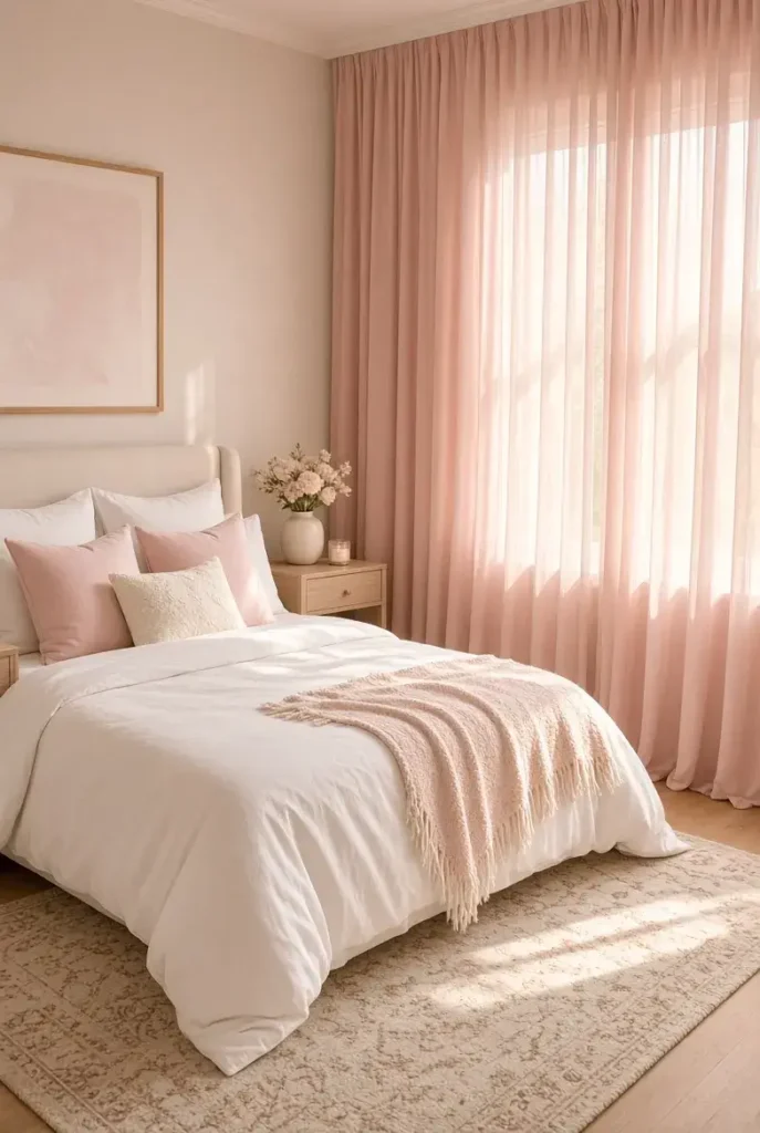Blush pink bedroom curtains filtering soft natural light beside white bedding and neutral furniture.