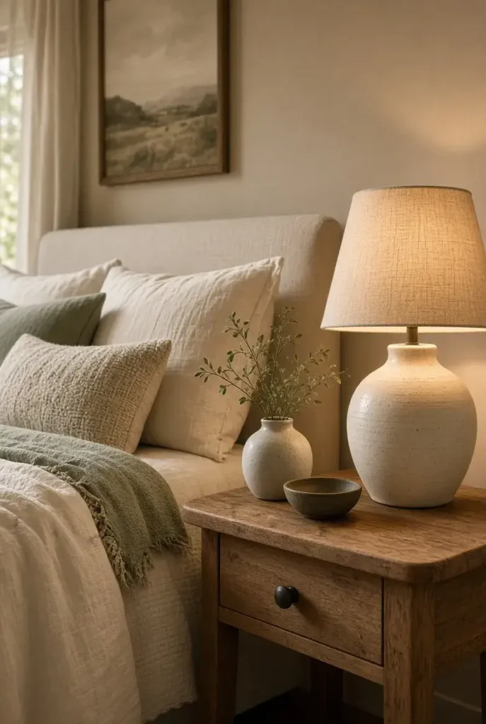 Ivory ceramic bedroom lamp on a wooden nightstand with neutral decor