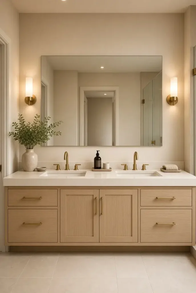 Double sink bathroom with a large wall-to-wall mirror