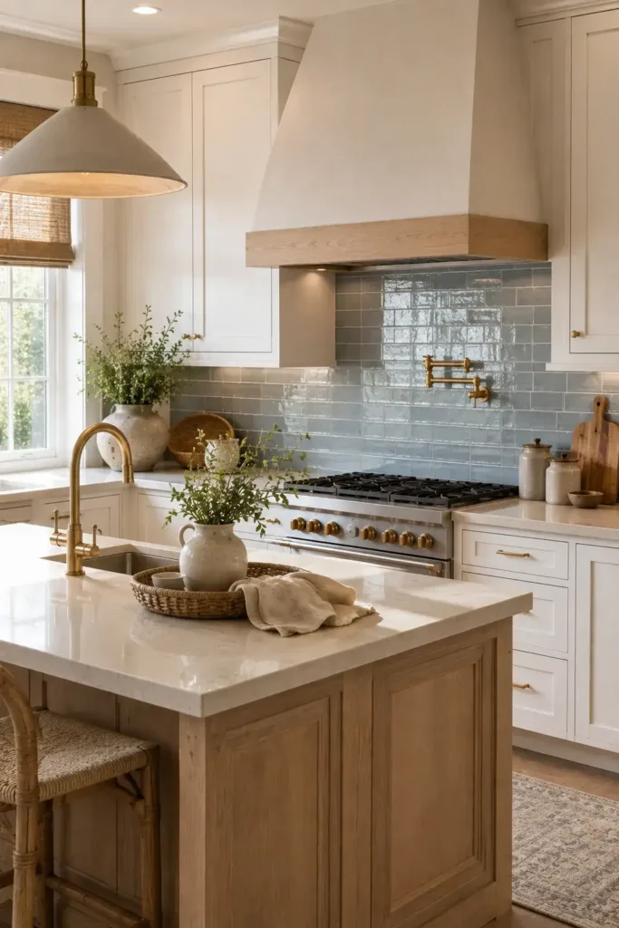 Soft dusty blue tile backsplash with white cabinets and pale oak kitchen island