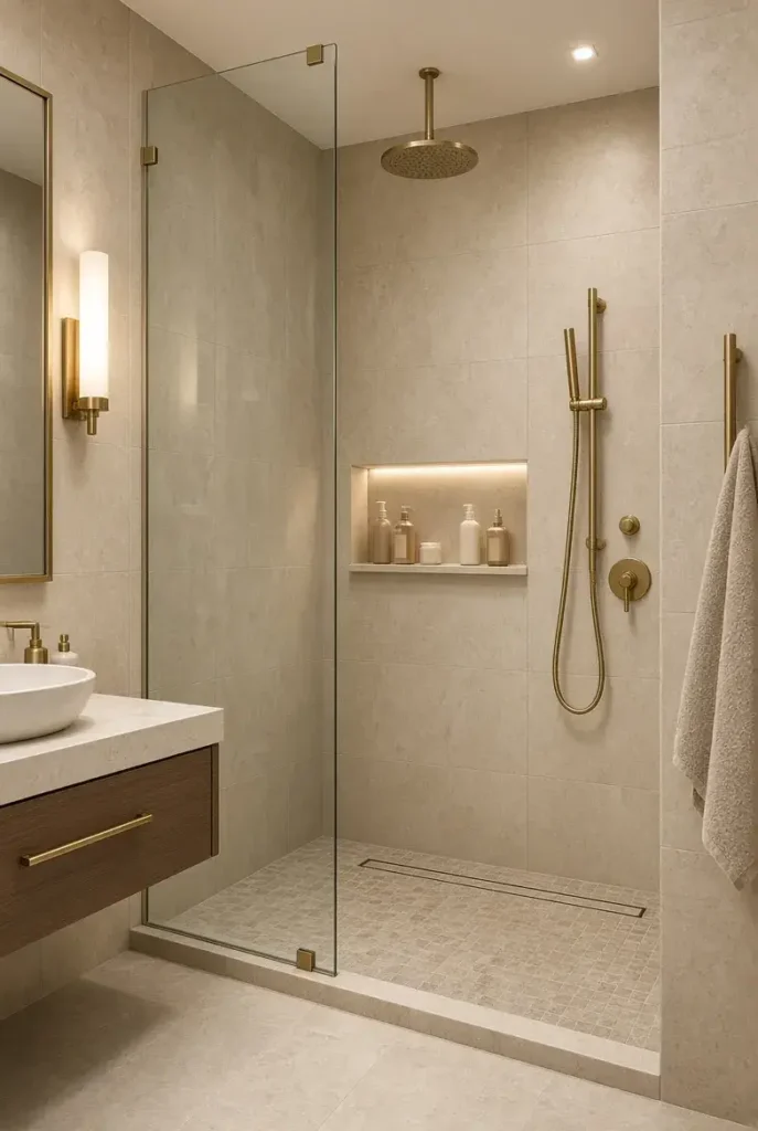 Large glass walk-in shower with beige stone tiles in a primary bathroom