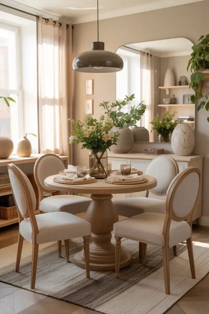 Round dining table paired with a cozy living area in a small open-plan room